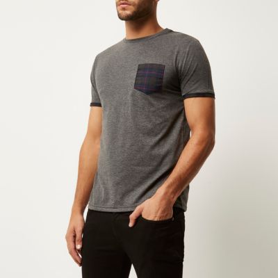 Grey check pocket t-shirt